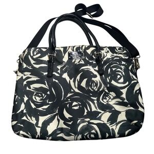 Kate Spade Black White Rose Floral Nylon Laptop Bag Crossbody Tote